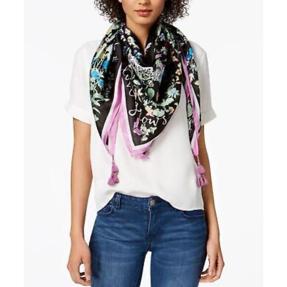 INC International Concepts Garden Poem Square Scarf Black Bright One Size NEW - Picture 5 of 5